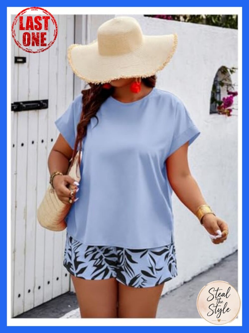 Plus Size 2 Piece Short Sleeve Blouse and Knot Front Shorts Set - Picture 4 of 4